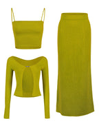 Three-Piece Knit Set: Cami, Cardigan & Skirt