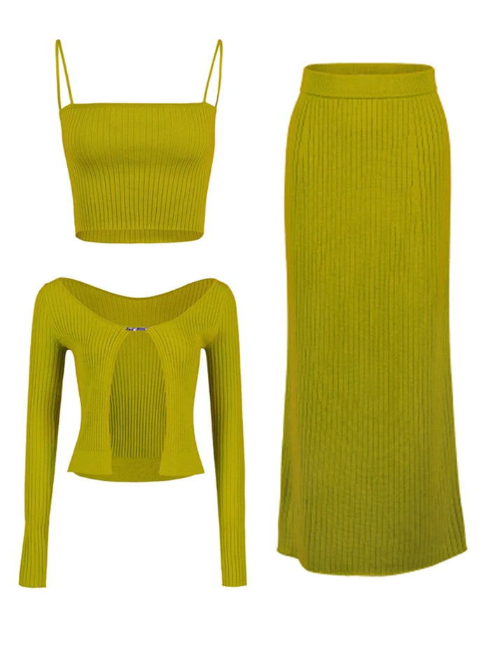 Three-Piece Knit Set: Cami, Cardigan & Skirt