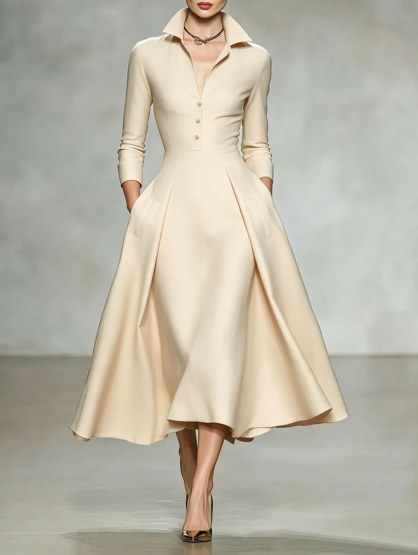 V-Neck Cinched-Waist Long-Sleeve Dress