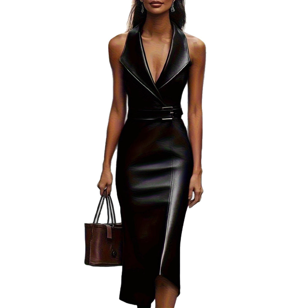 Vestido midi con cinturón efecto piel