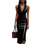 Vestido midi con cinturón efecto piel