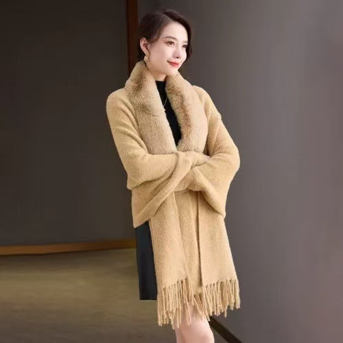 Cárdigan tipo capa de punto de piel sintética nuevo para mujer, otoño e invierno, borla de color sólido, poncho de cuello de piel de largo medio