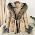 Hooded Down Jacket with Fox Fur Collar - view 12