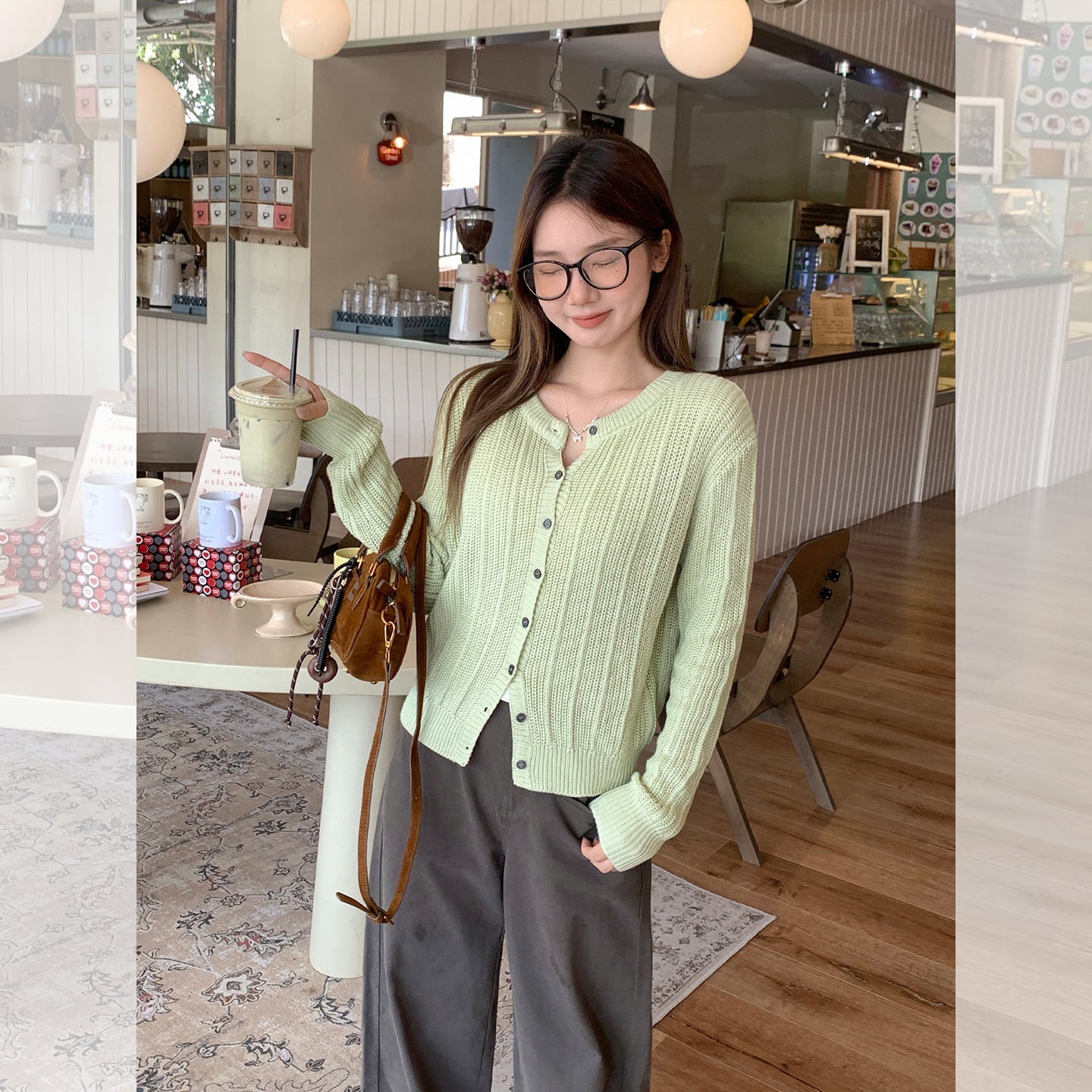 Light-Green Crew-Neck Cardigan