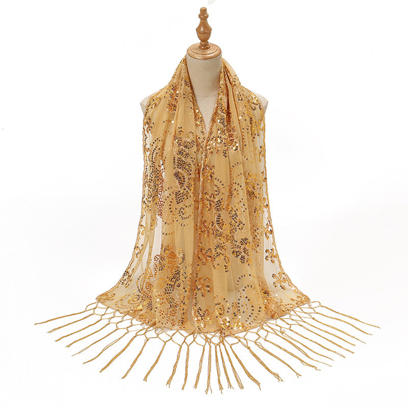 Sequin Fringe Embroidered Evening Shawl