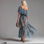 Robe longue en mousseline de soie à imprimé léopard, avec épaule asymétrique, volants et taille ajustée, parfaite pour les vacances