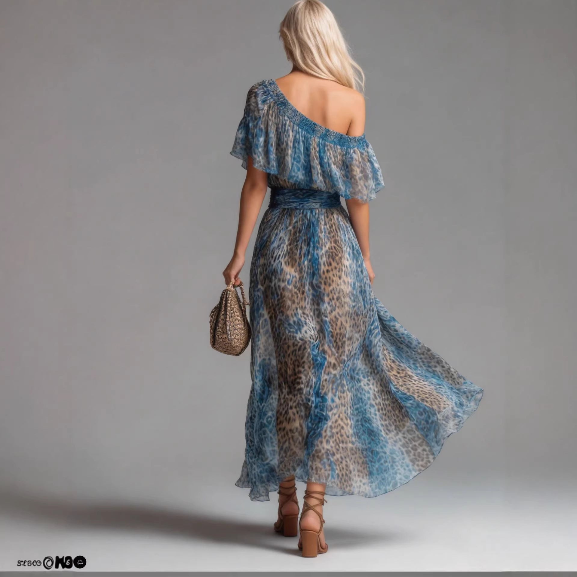 Robe longue en mousseline de soie à imprimé léopard, avec épaule asymétrique, volants et taille ajustée, parfaite pour les vacances
