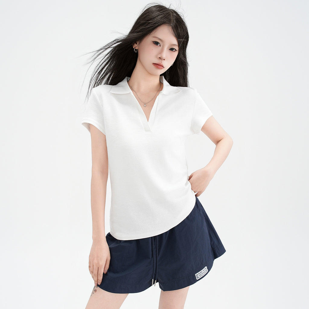 T-shirt chic à col polo, manches courtes, épaules droites