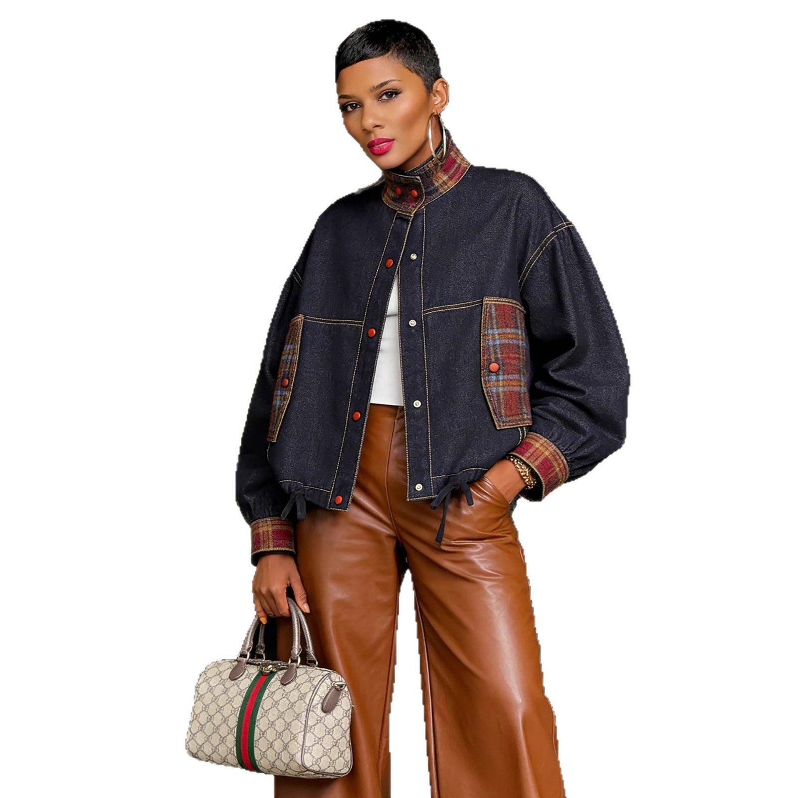Plaid Patchwork Denim Jacket