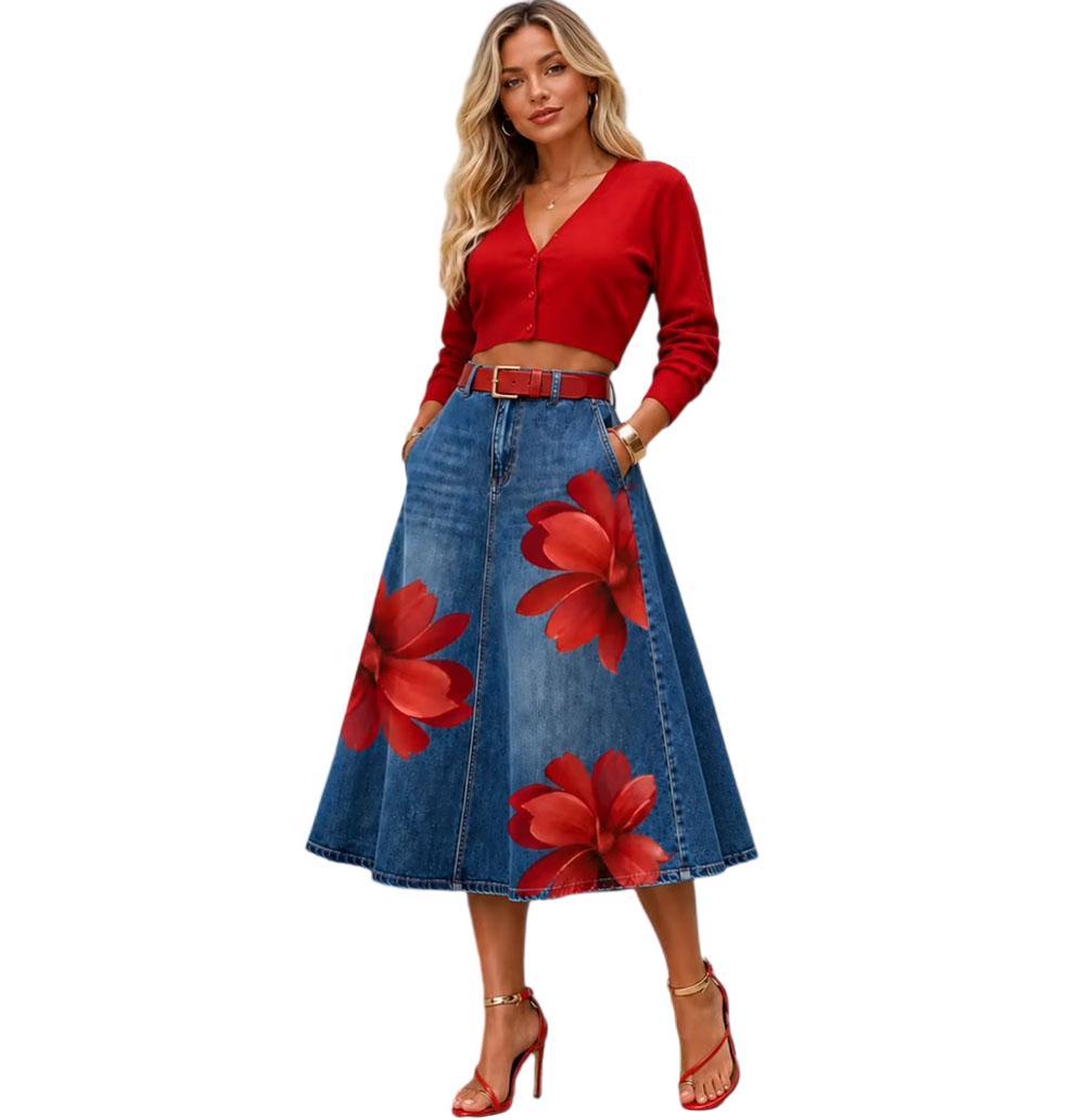 Floral Washed-Denim Midi Skirt — product image 24