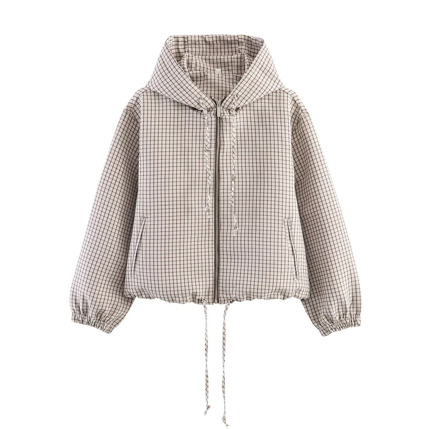 Plaid Zip-Front Hooded Jacket