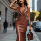 Vestido midi con cinturón efecto piel