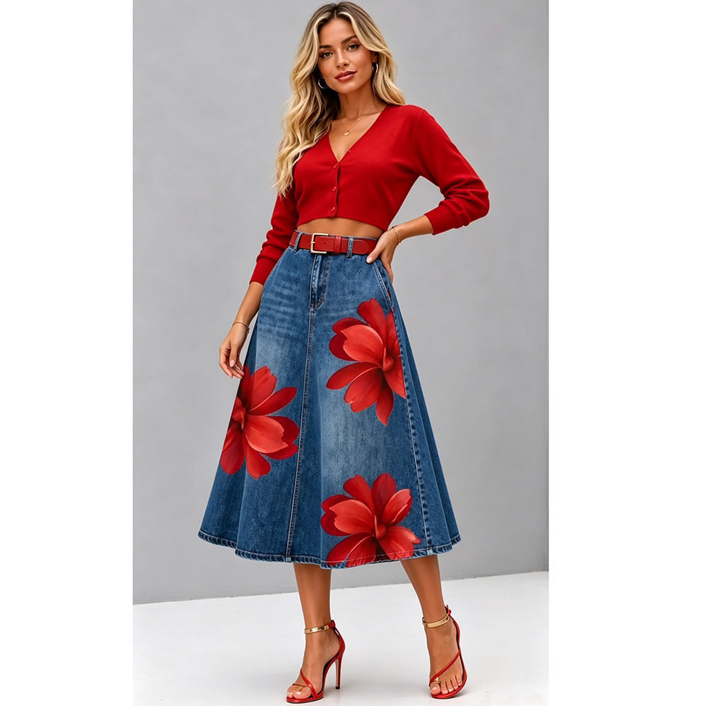 Floral Washed-Denim Midi Skirt — product image 11