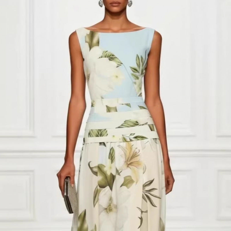 Robe longue dos nu sans manches pour femme, imprimé floral, col en V, taille cintrée