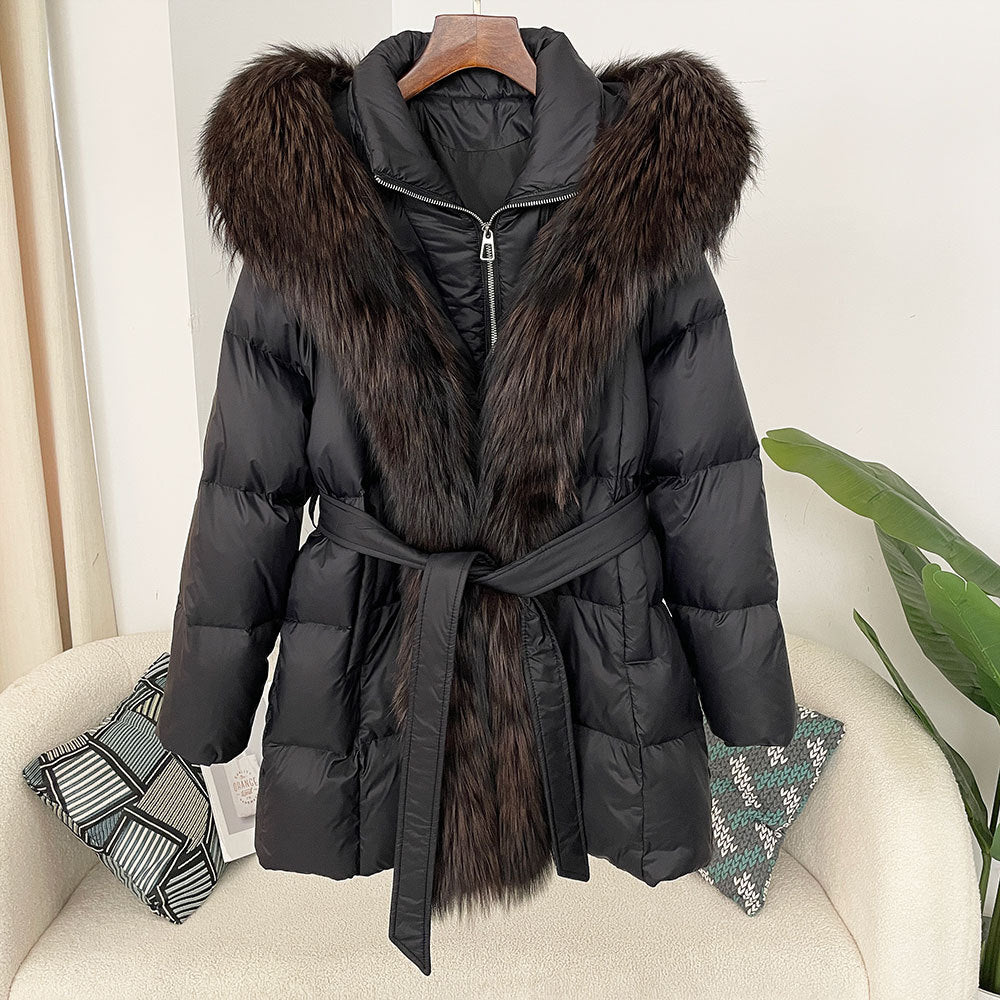 Hooded Down Jacket with Fox Fur Collar - view 9