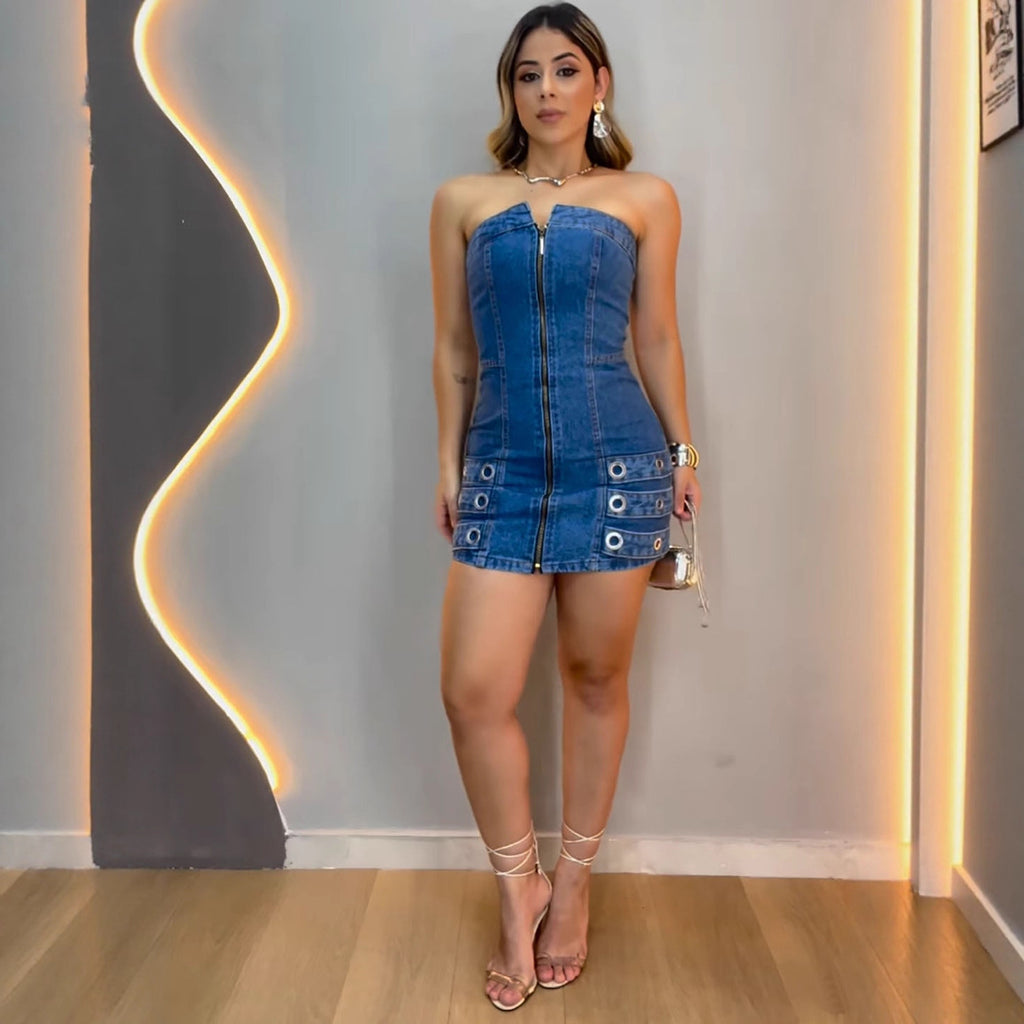 Studded Strapless Denim Mini Dress