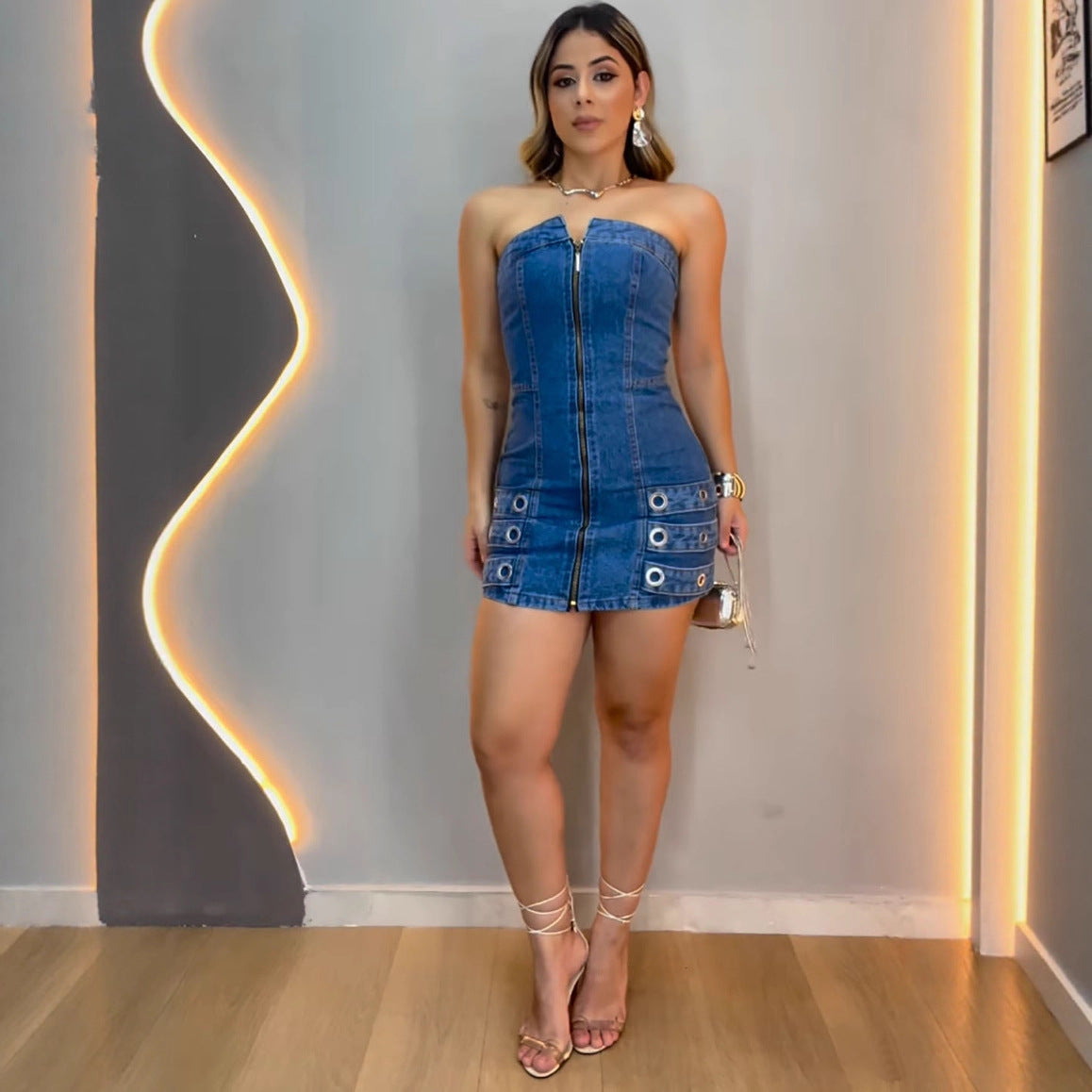 Studded Strapless Denim Mini Dress