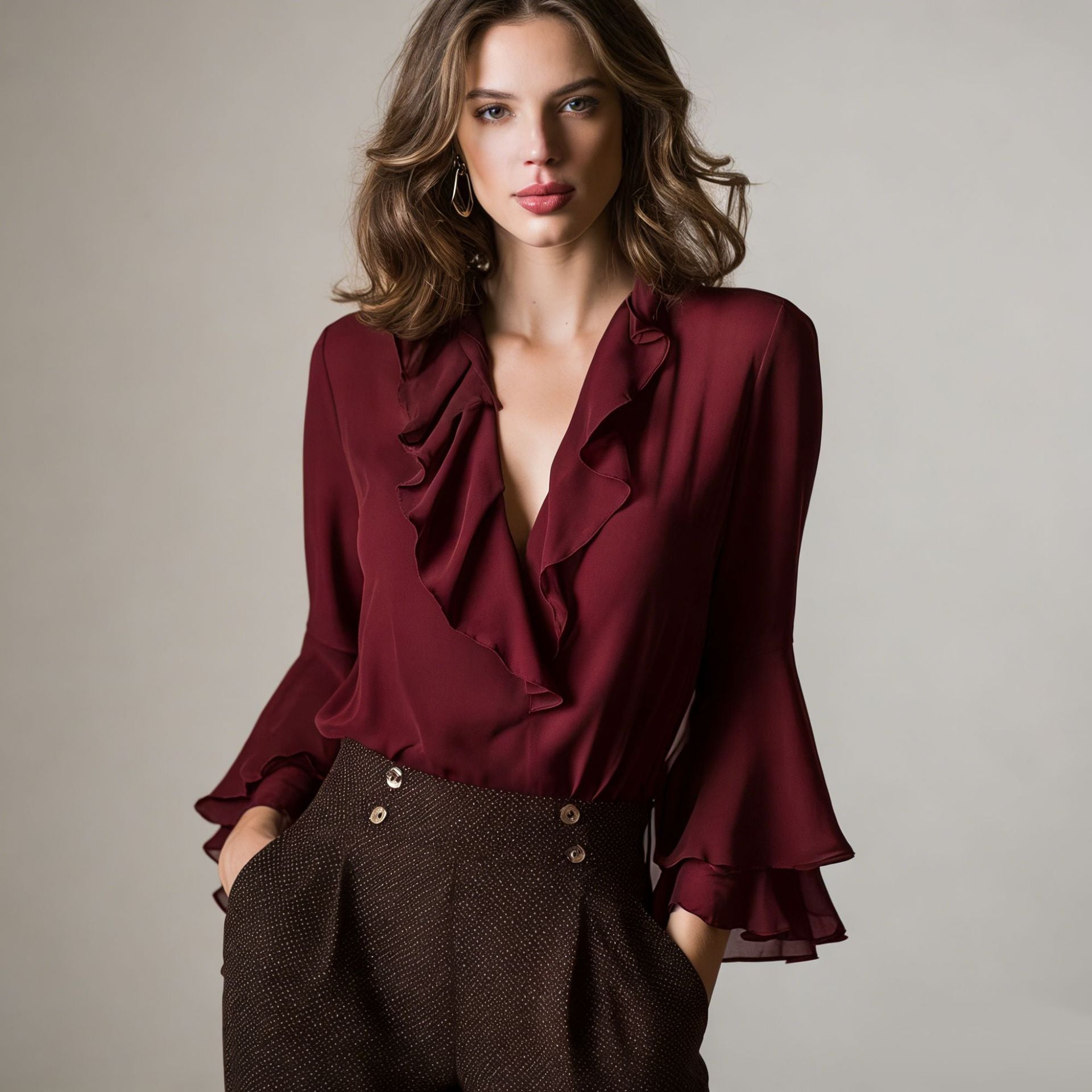 Ruffle V-Neck Long-Sleeve Blouse