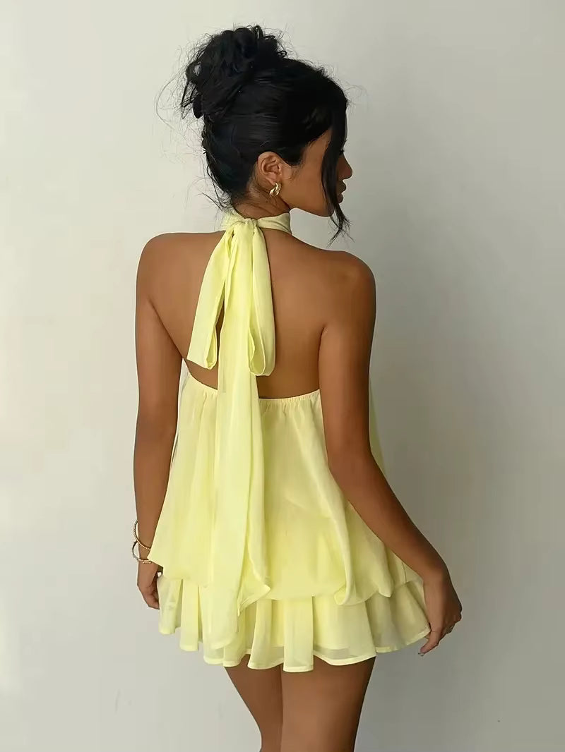 Backless Halter Tie-Waist Mini Dress