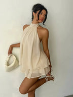 Vestido de vacaciones para mujer, ajustado, sin espalda, con cuello halter, cintura anudada y falda corta abullonada