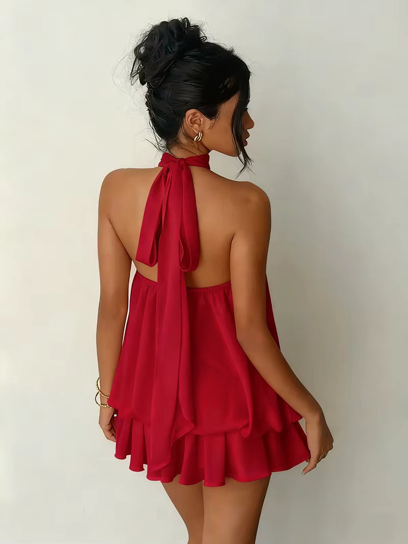 Vestido de vacaciones para mujer, ajustado, sin espalda, con cuello halter, cintura anudada y falda corta abullonada