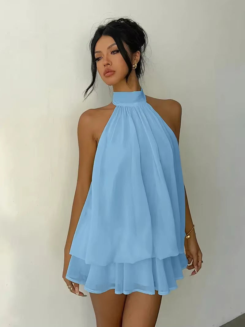Backless Halter Tie-Waist Mini Dress