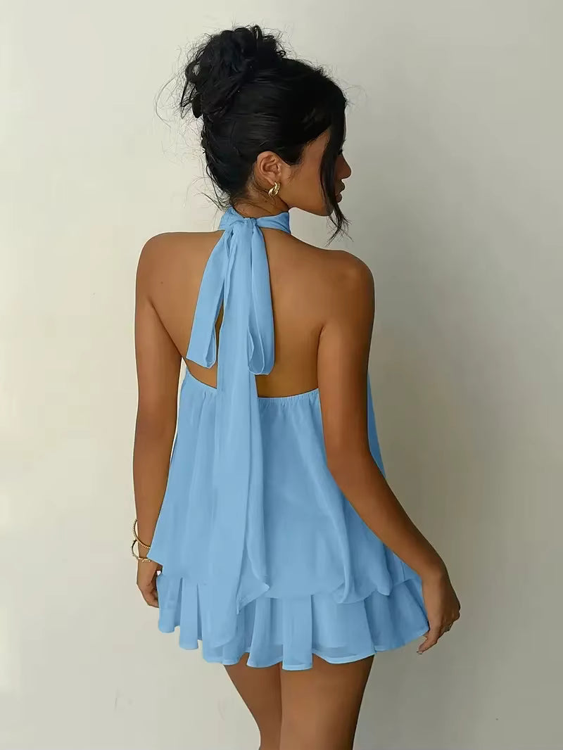 Vestido de vacaciones para mujer, ajustado, sin espalda, con cuello halter, cintura anudada y falda corta abullonada