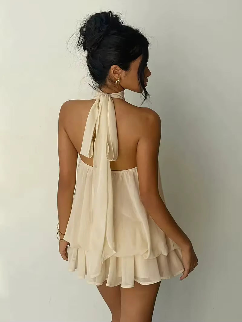 Vestido de vacaciones para mujer, ajustado, sin espalda, con cuello halter, cintura anudada y falda corta abullonada