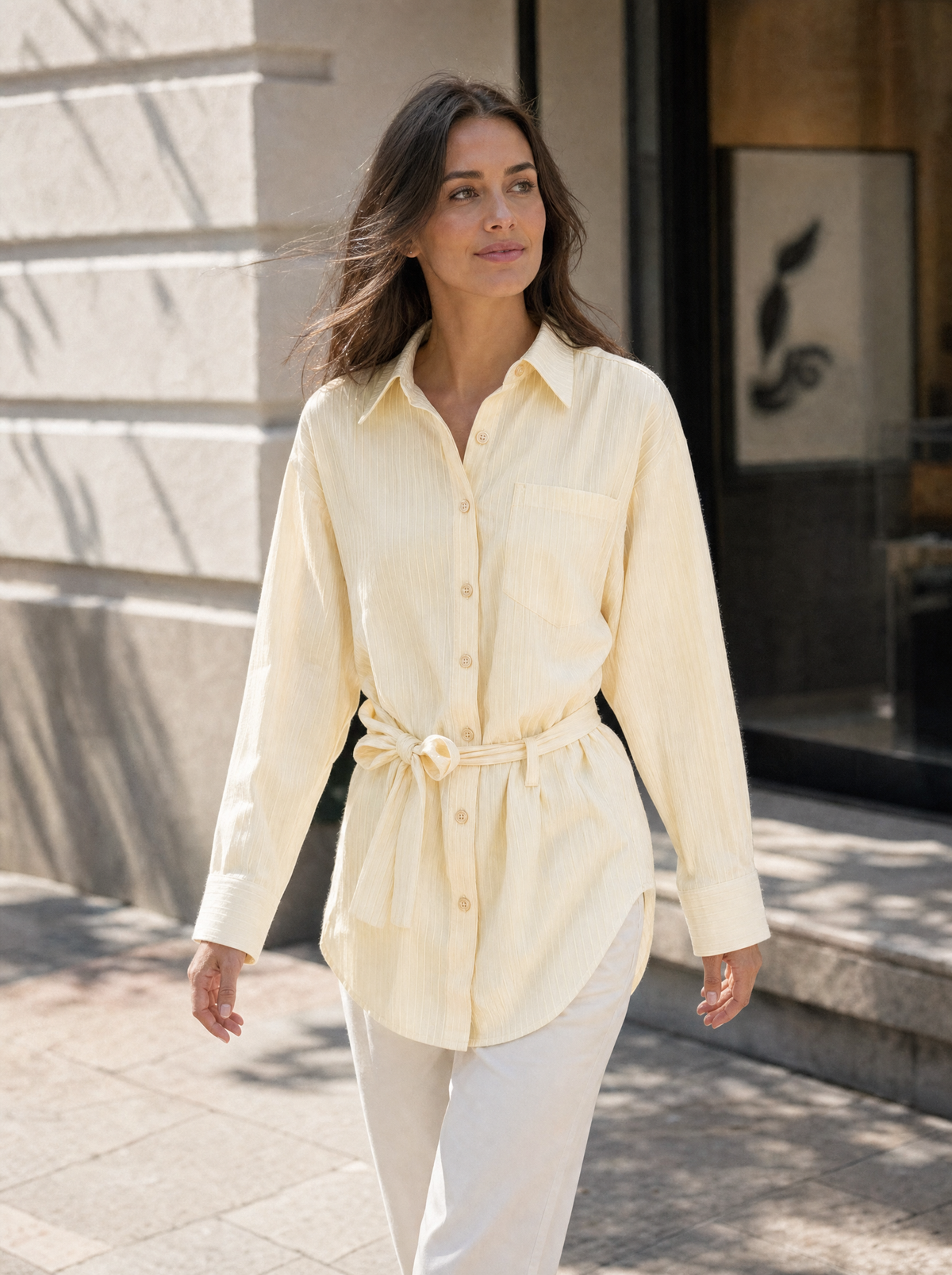Belted Striped Button-Front Shirt editorial lifestyle view