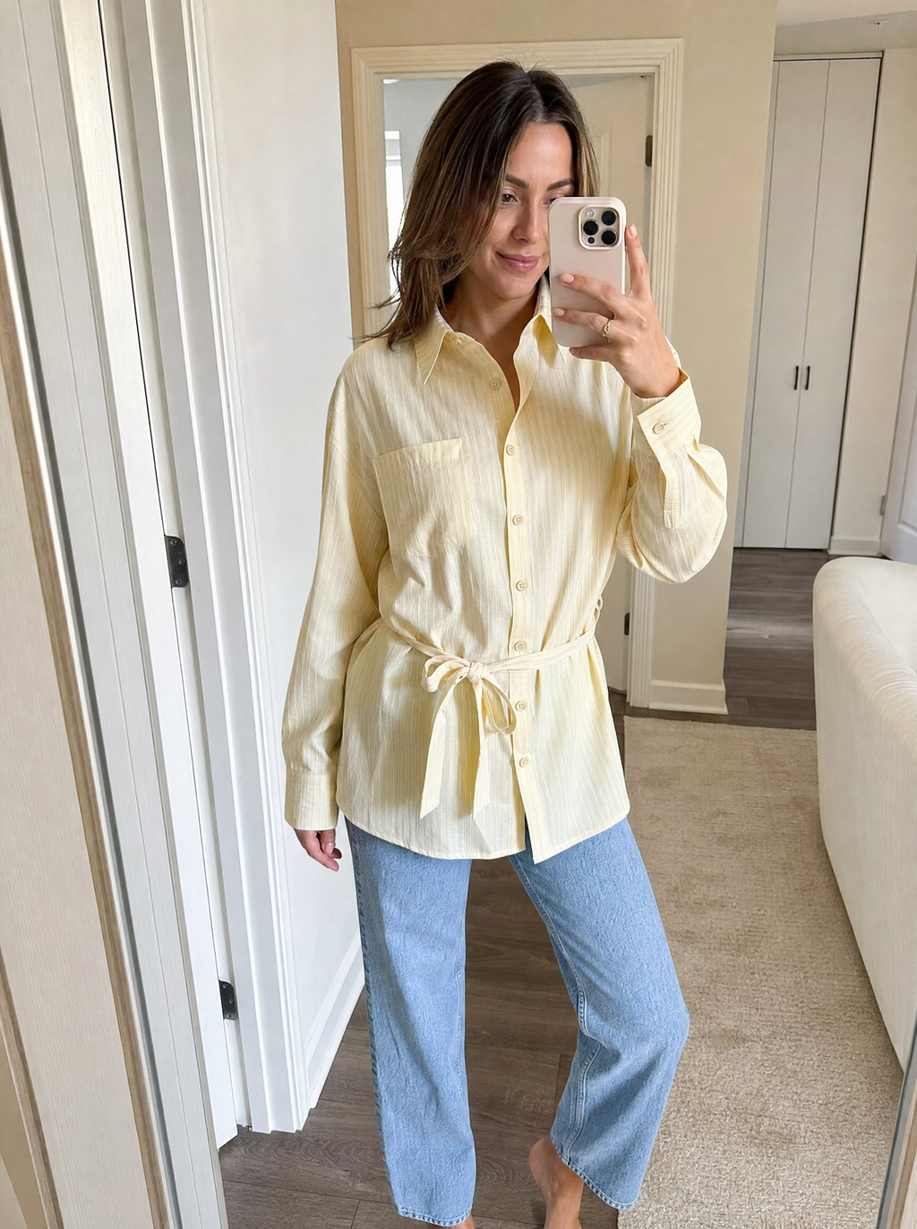 Belted Striped Button-Front Shirt UGC lifestyle view