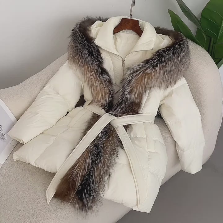 Hooded Down Jacket with Fox Fur Collar