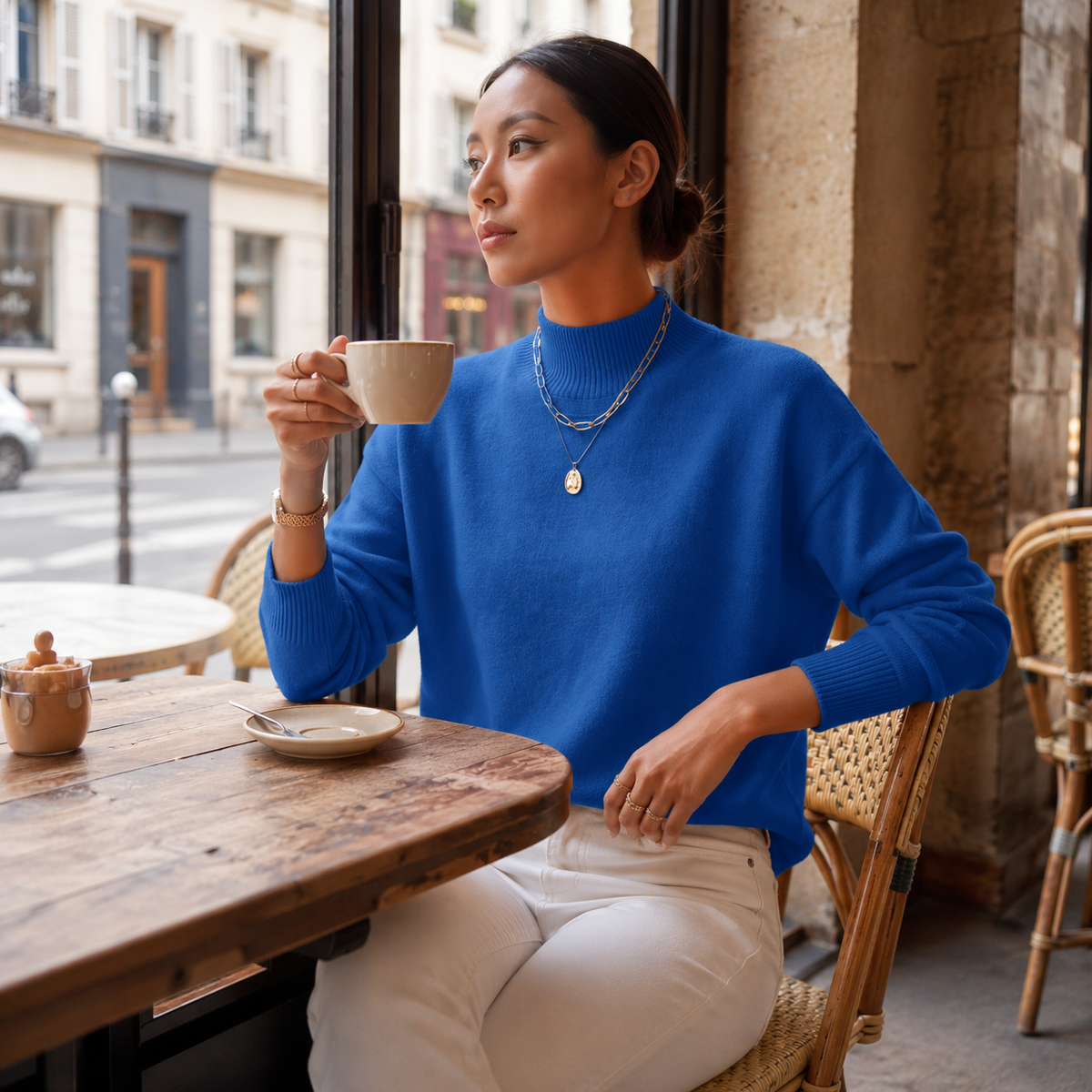 Ribbed Mock-Neck Sweater in blue lifestyle look