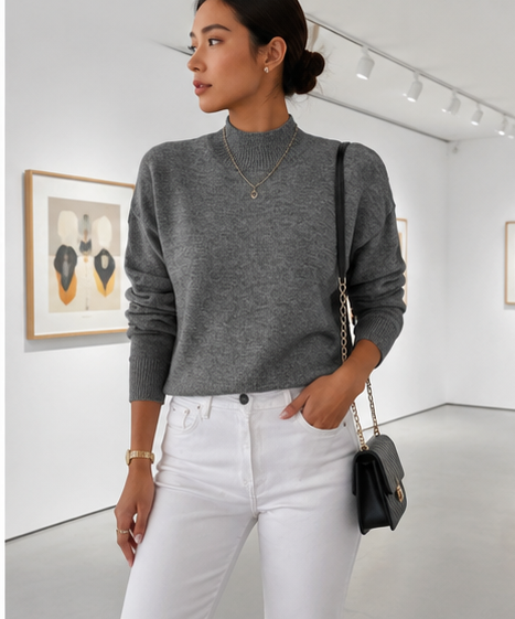Ribbed Mock-Neck Sweater in gray lifestyle look