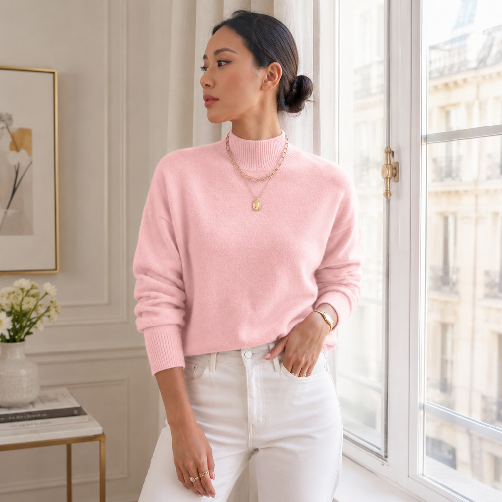 Ribbed Mock-Neck Sweater in pink lifestyle look