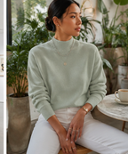 Ribbed Mock-Neck Sweater in sage green lifestyle look