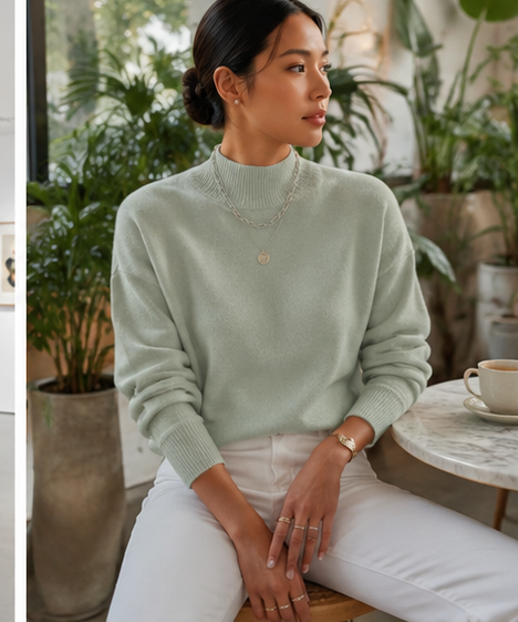 Ribbed Mock-Neck Sweater in sage green lifestyle look