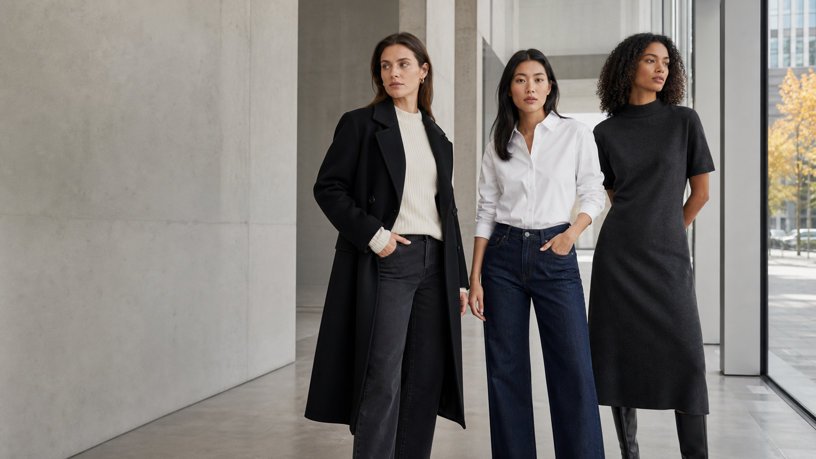 Three women in refined transitional outfits inside modern architecture