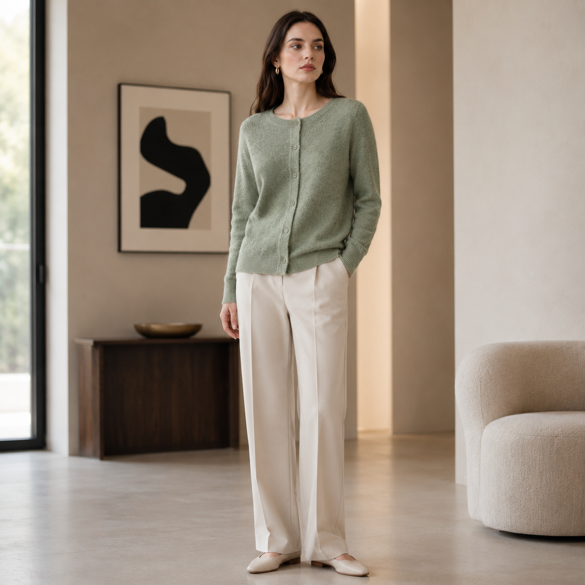 Textured Wool-Blend Knit Cardigan - Sage Green